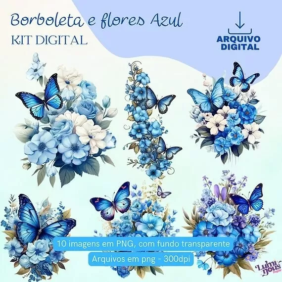 Borboletas e Flores Azuis – Kit Digital