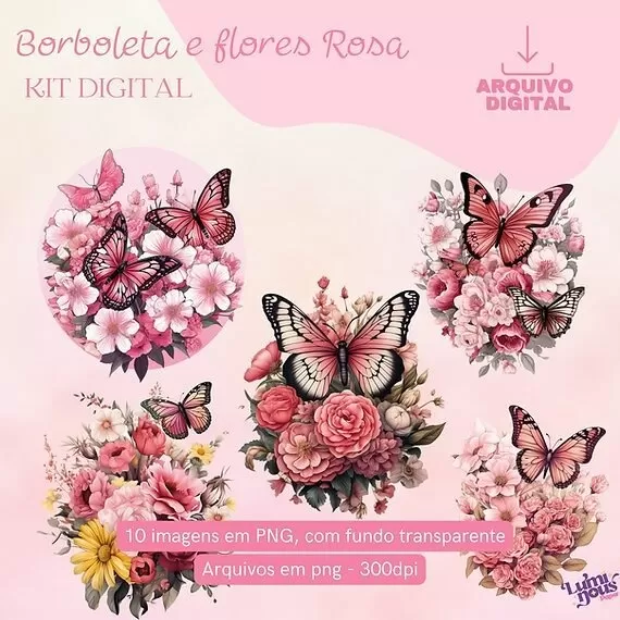 Borboletas e Flores Rosa – Kit Digital