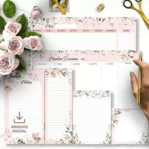 Arquivo Kit Desk Planners e Bloquinhos Coleção Floral Rosa + Brinde – Bicho Papel