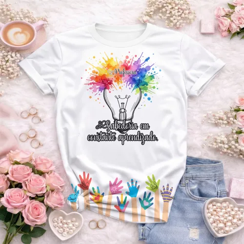 Camisa com logo no peito que destaca a criatividade e sabedoria da professora, em design moderno e atraente para quem valoriza a educação e a inovação.