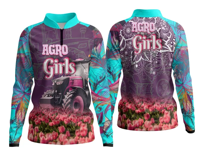 Camisa com estampa destacando um design vibrante e moderno que representa o universo Agro Feminina com cores marcantes e acabamento detalhado.