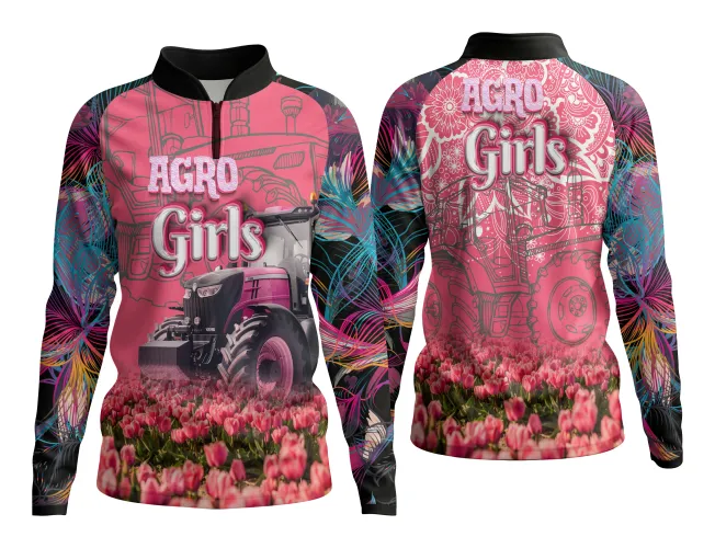 Camisa com estampa grande mostrando design feminino e rural, em cores vibrantes e estilo moderno, ideal para destacar a paixão pelo campo e a força das mulheres no agro.