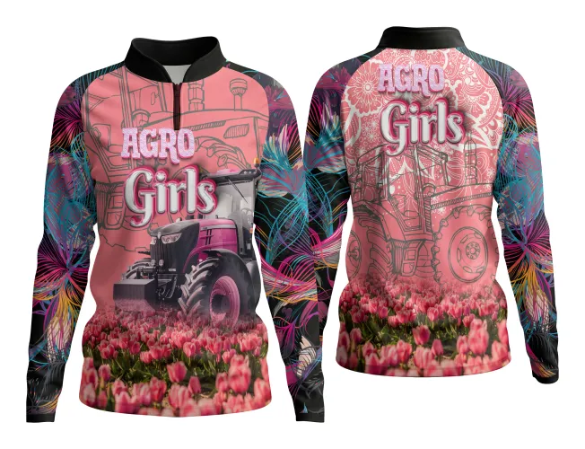 Foto de camisa feminina com estampa grande, apresentando design inspirado no universo agropecuário com detalhes coloridos e modernos, perfeita para quem valoriza estilo e identidade na moda rural.