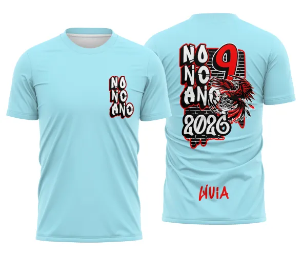 Camisa com logo no peito e estampa grande nas costas destacando uma arara vermelha em pleno voo, símbolo vibrante do Nono Ano, com cores vivas e design moderno que valoriza a peça de forma única.