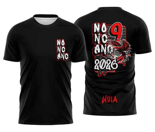 Camisa com logo no peito e estampa grande nas costas da arara vermelha voando, em cores vibrantes e design impactante, ideal para destacar o estilo do Nono Ano em um visual único.