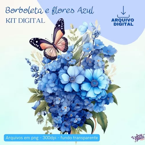 Borboletas e Flores Azuis – Kit Digital