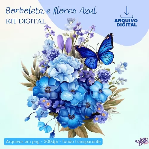 Borboletas e Flores Azuis – Kit Digital