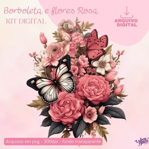 Borboletas e Flores Rosa – Kit Digital