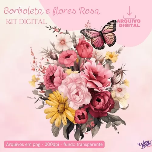 Borboletas e Flores Rosa – Kit Digital