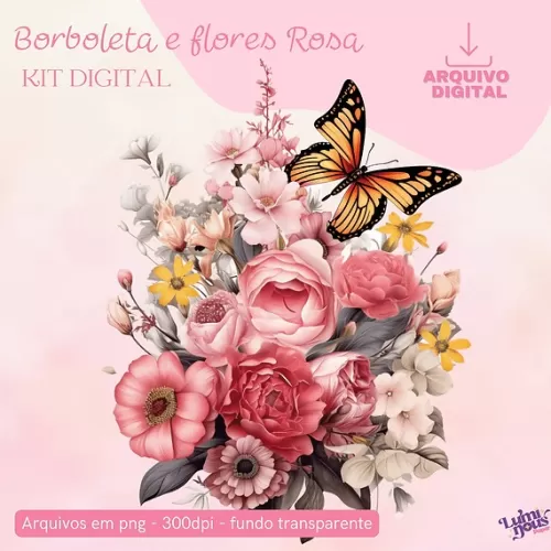 Borboletas e Flores Rosa – Kit Digital