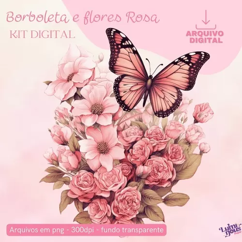 Borboletas e Flores Rosa – Kit Digital