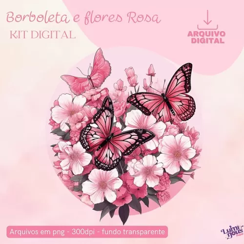 Borboletas e Flores Rosa – Kit Digital