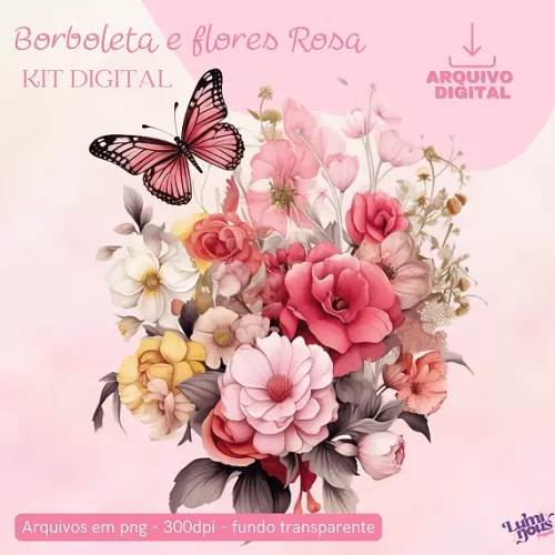 Borboletas e Flores Rosa – Kit Digital