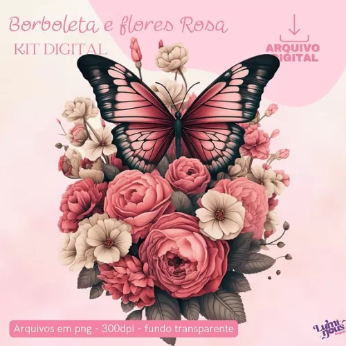 Borboletas e Flores Rosa – Kit Digital