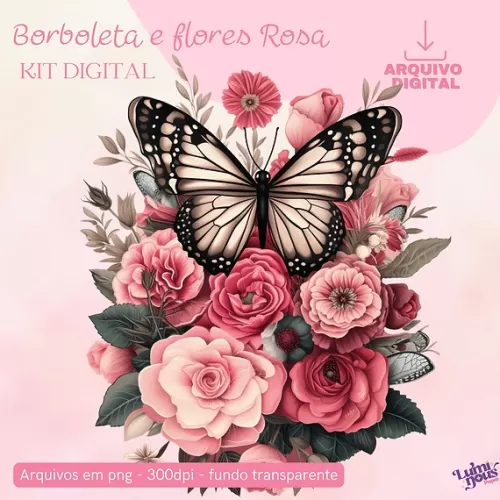 Borboletas e Flores Rosa – Kit Digital