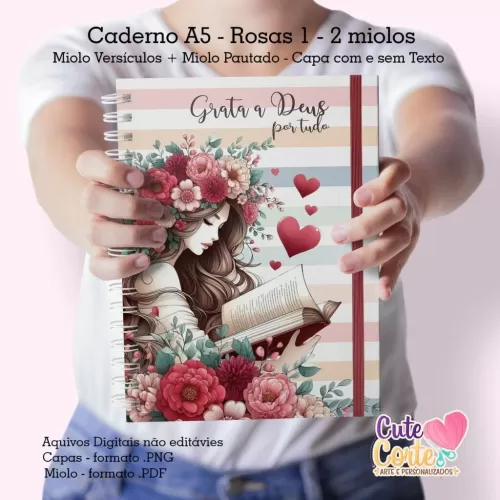 Caderno A5 – (Miolo Versículos + Miolo Pautado) + Bloquinho A6 – Rosas 1 (Cute Corte)