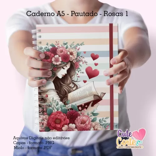 Caderno A5 – (Miolo Versículos + Miolo Pautado) + Bloquinho A6 – Rosas 1 (Cute Corte)