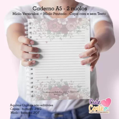 Caderno A5 – (Miolo Versículos + Miolo Pautado) + Bloquinho A6 – Rosas 1 (Cute Corte)