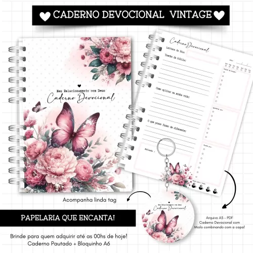 Caderno Deviconal Vintage(borboleta) – Encaderna com Amor