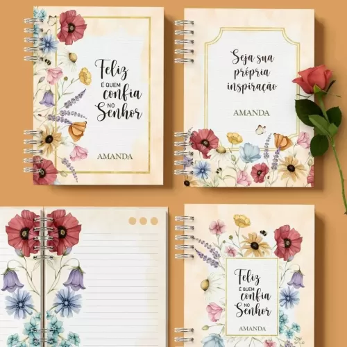 Kit 4 Capas e 6 Miolos Caderno Pautado Decorado – Flores do Campo – Bicho de Papel