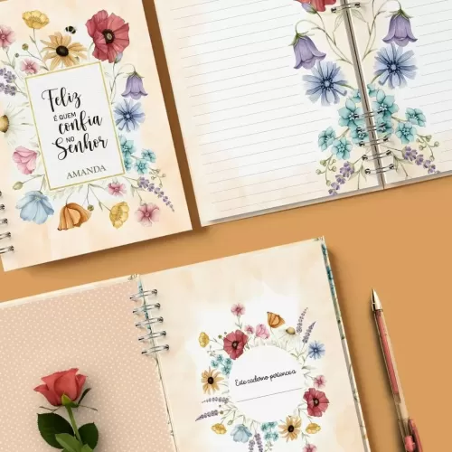 Kit 4 Capas e 6 Miolos Caderno Pautado Decorado – Flores do Campo – Bicho de Papel