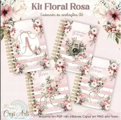Kit Floral Rosa – Encadernação – Ateliê Da Crys