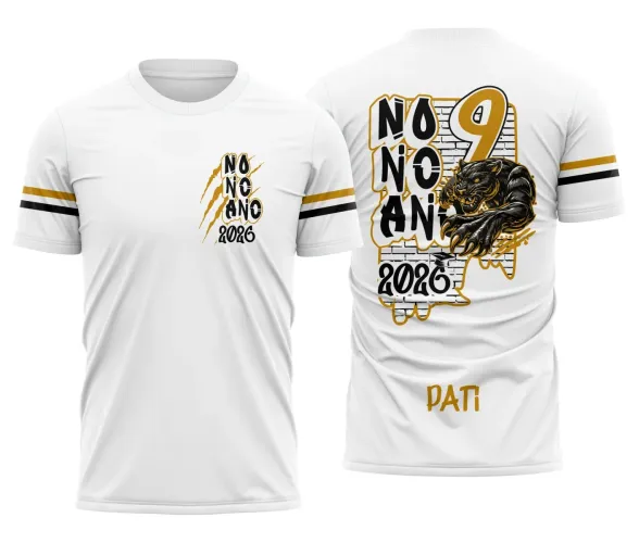 Camisa com logo no peito e estampa grande nas costas, exibindo um design marcante com a pantera que simboliza força e união do nono ano